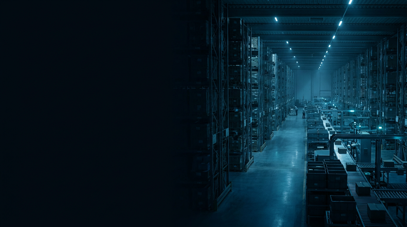 A warehouse aisle traced with long-exposure light trails