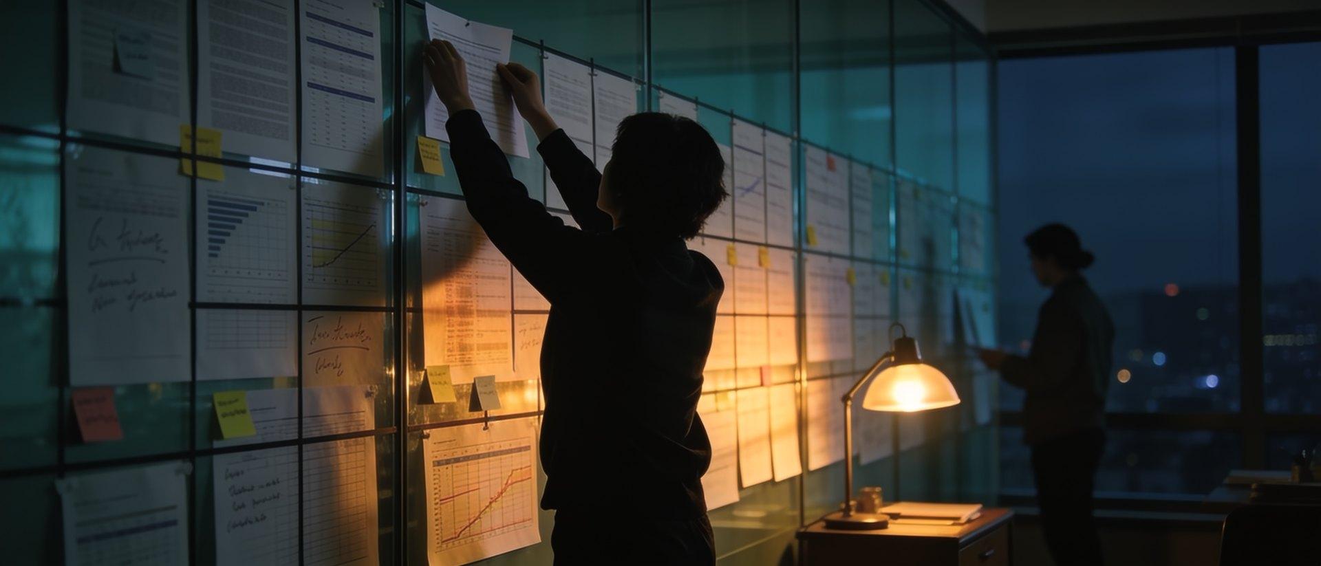 A working analysis wall in the evening, pages taped to glass