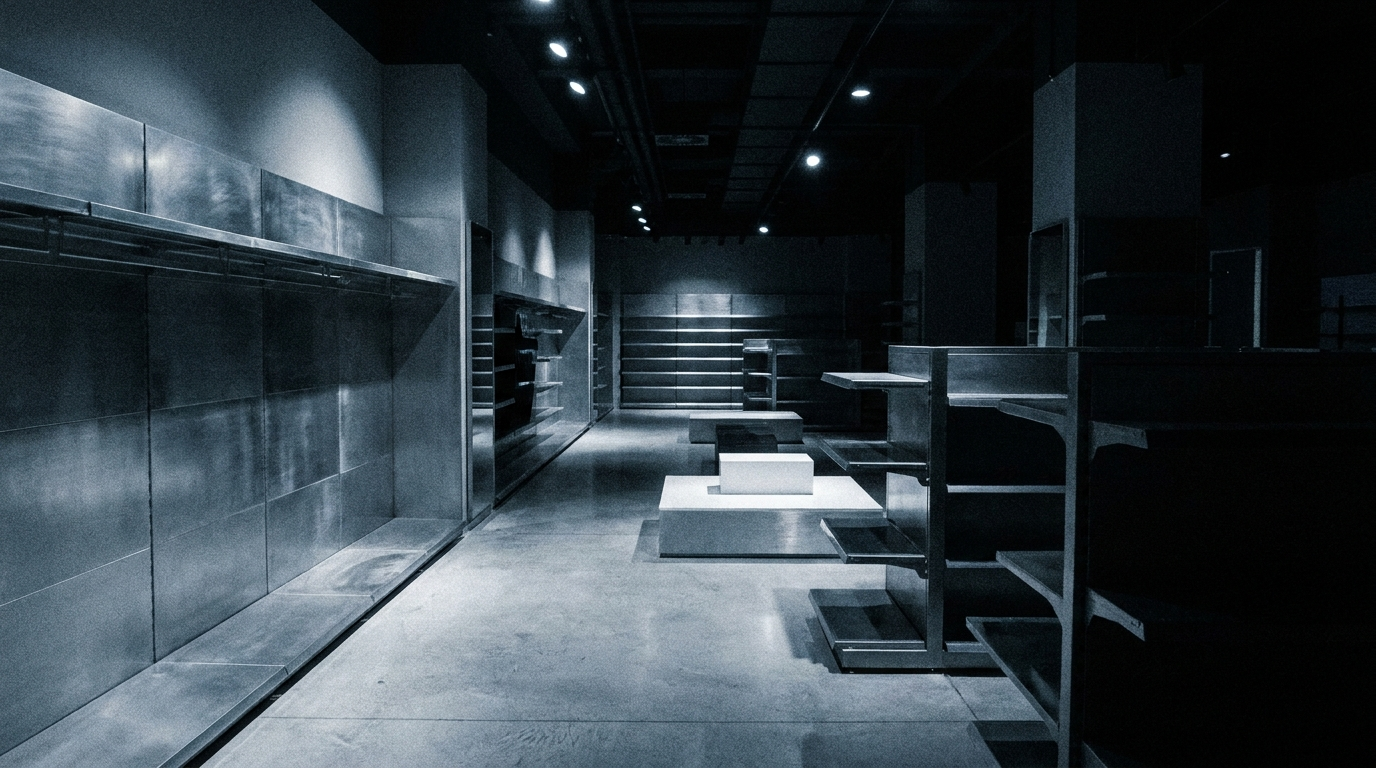 Empty shelving in a dimly lit store