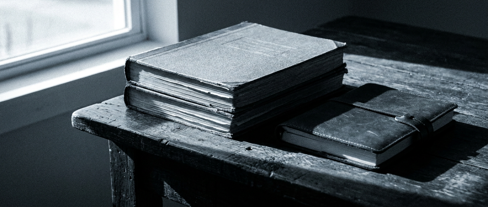 Ledgers stacked on a worn table